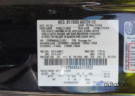 2010 Ford Mustang V6/V6 Premium из США, поврежденный, VIN 1ZVBP8ANXA5175922